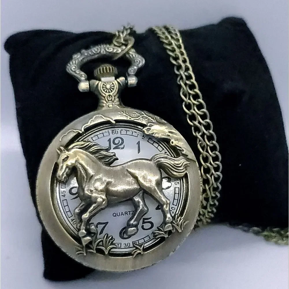 Horse Pocket Watch Antique Bronze Raised Stallion Quartz Chain Western Vintage